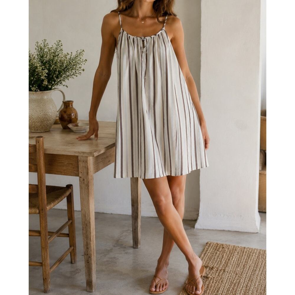 Solid & Striped Cotton Poplin Brown Striped Swing A Line Mini Dress Size Large